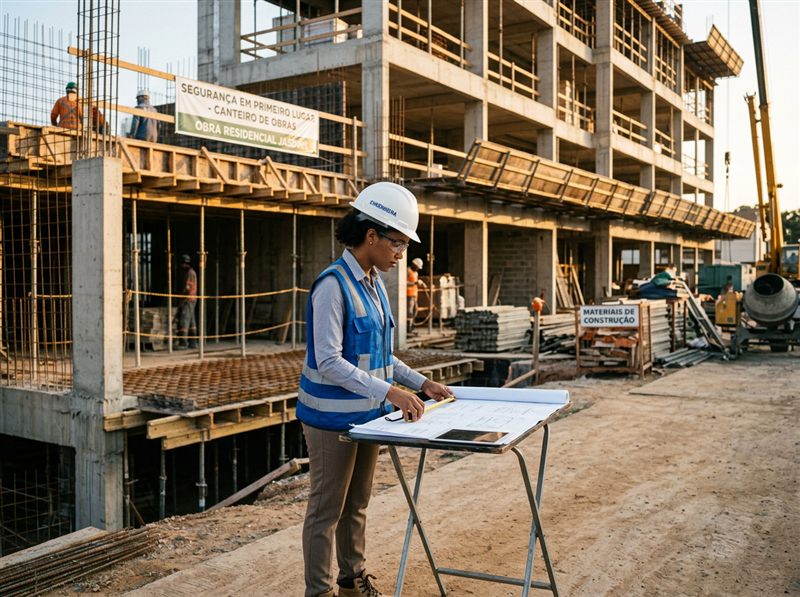 Engenheira com prancheta acompanhando obra residencial